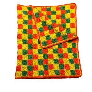 Vintage MidCentury Crochet Throw Blanket Granny Square Green Orange Yellow